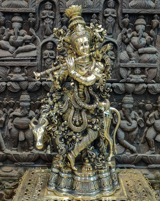 Sama Homes-krishna playing the flute with cow 27 inches brass idol golden finish