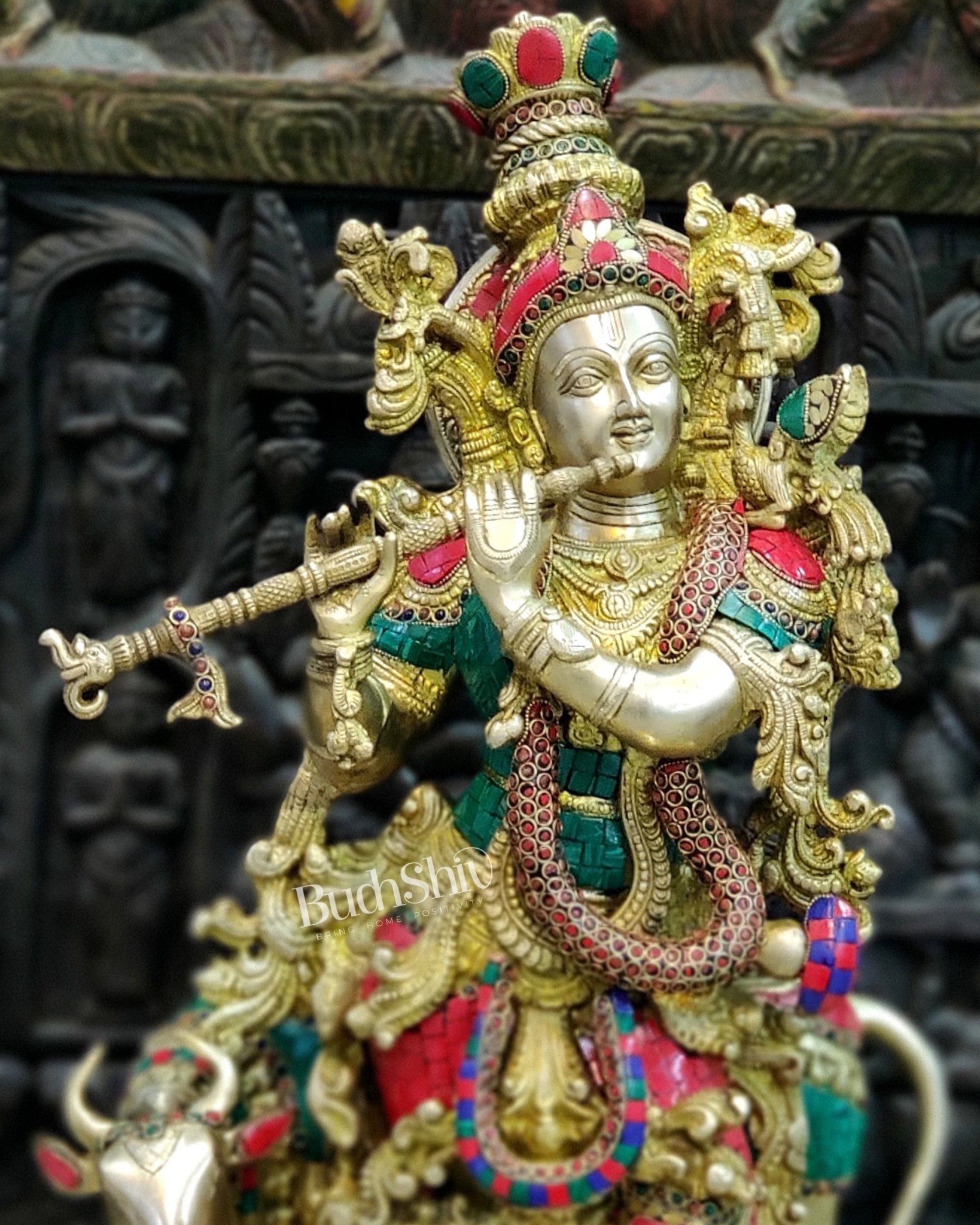 Sama Homes-krishna playing the flute with cow 27 inches brass idol ring and stonework 2