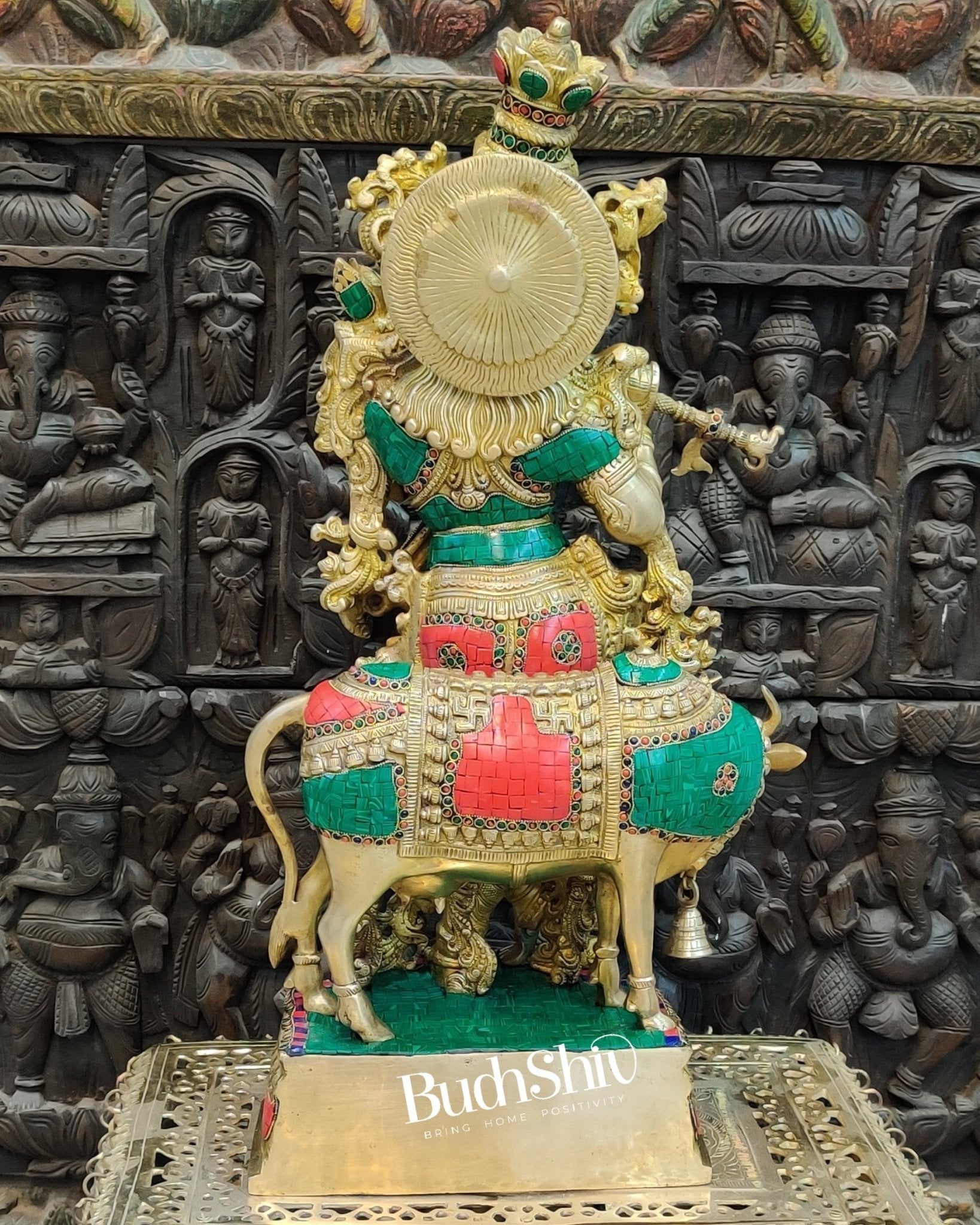 Sama Homes-krishna playing the flute with cow 27 inches brass idol ring and stonework 2