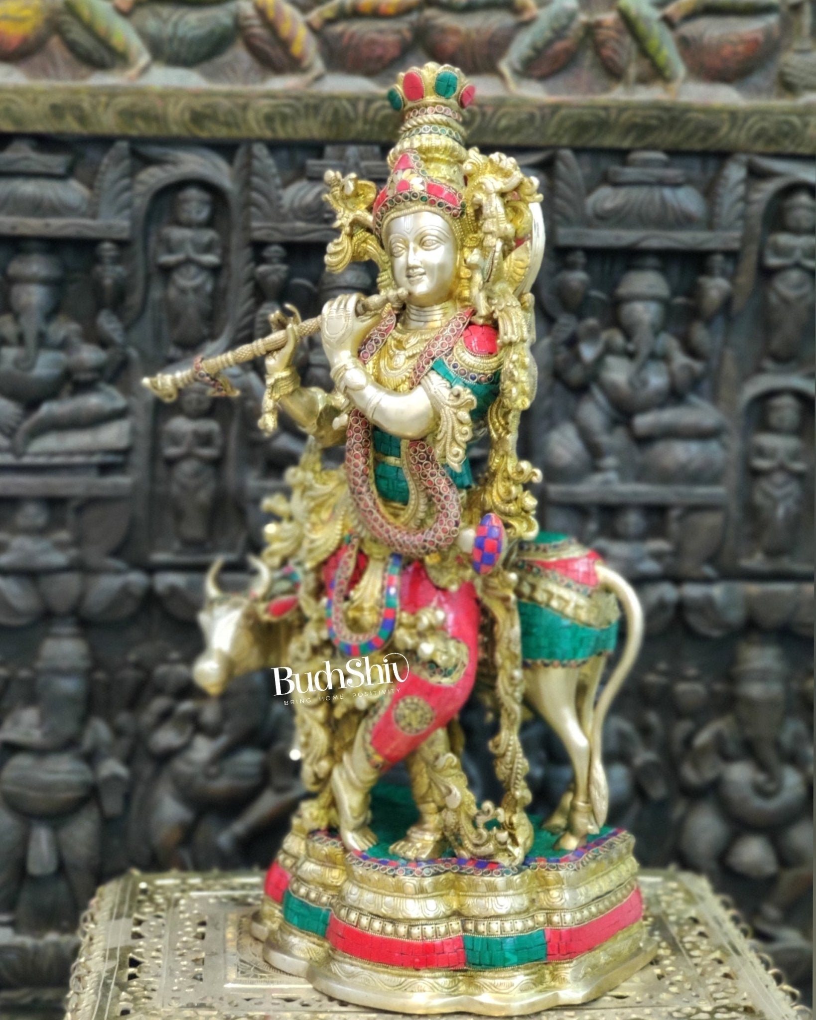 Sama Homes-krishna playing the flute with cow 27 inches brass idol ring and stonework 2