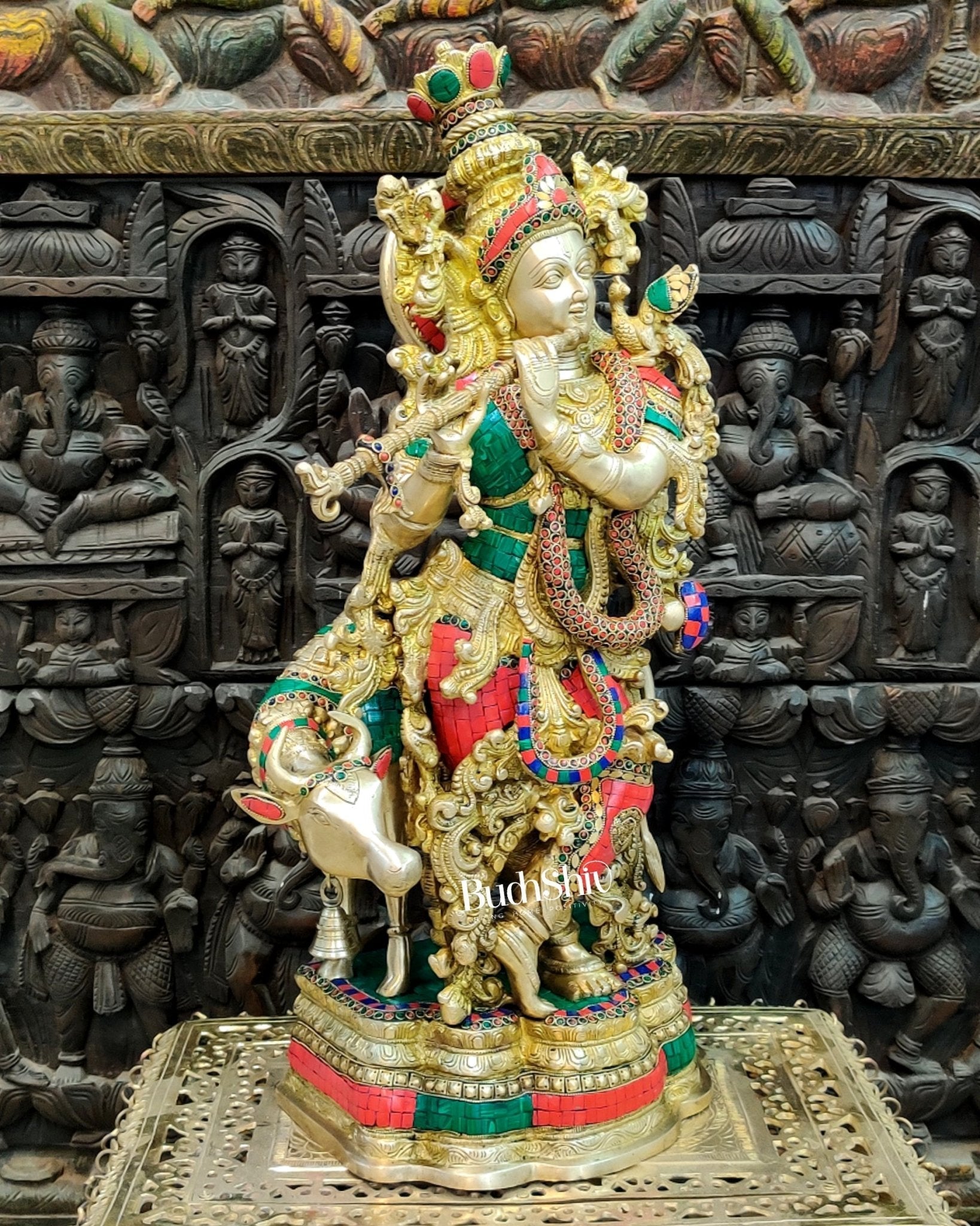 Sama Homes-krishna playing the flute with cow 27 inches brass idol ring and stonework 2