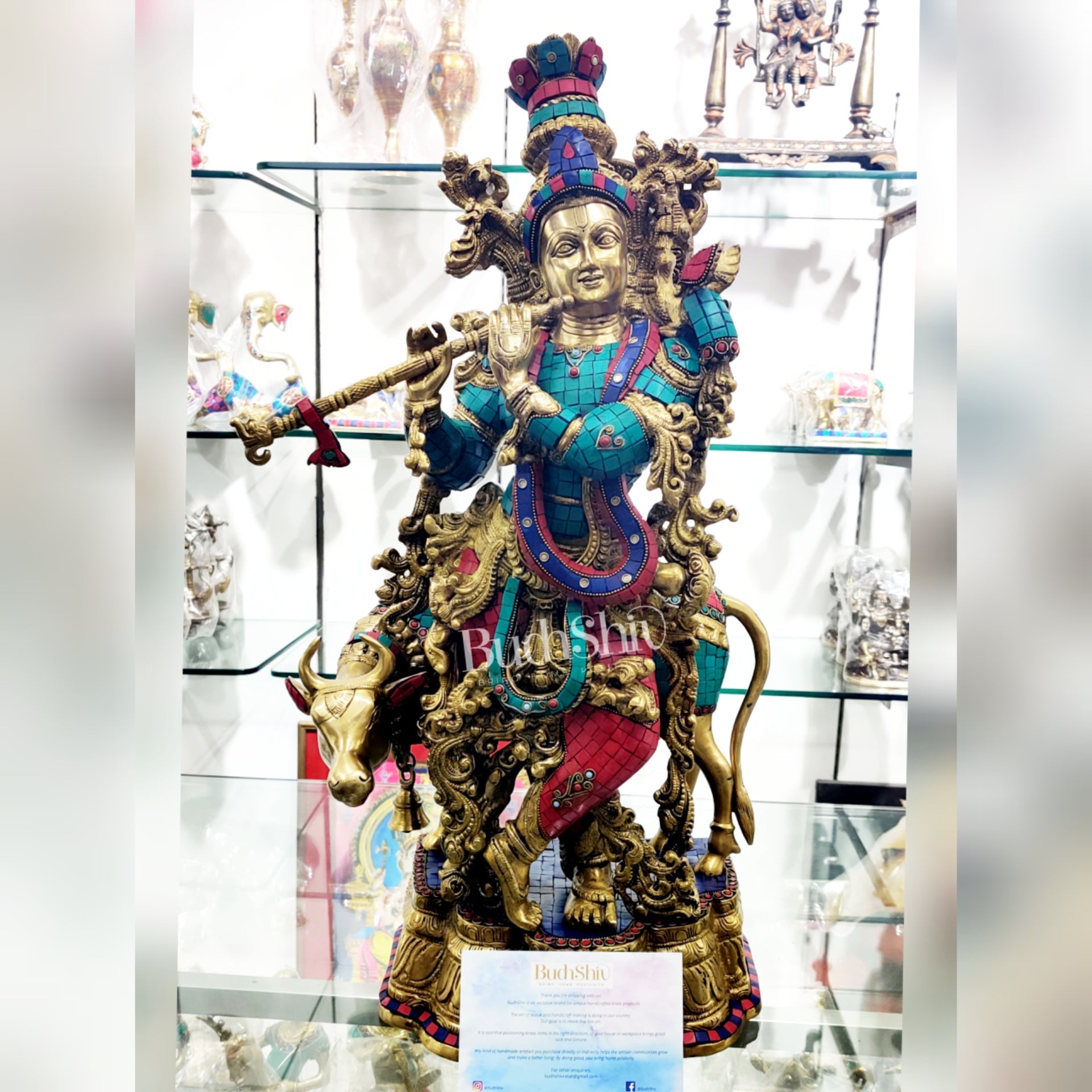 Sama Homes-krishna playing the flute with cow 27 inches brass idol with brass stonework