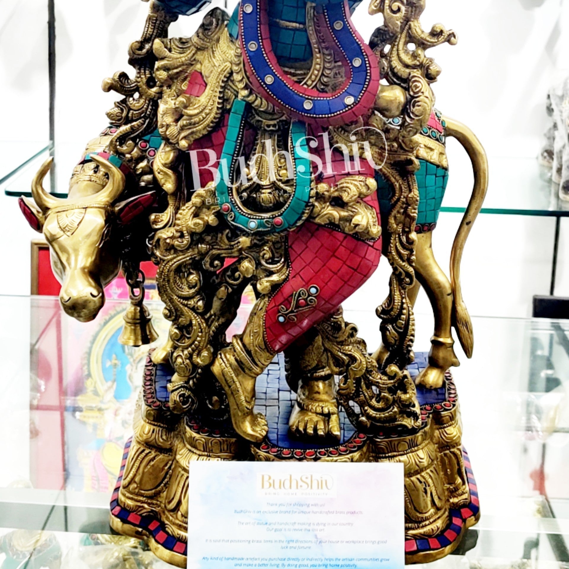 Sama Homes-krishna playing the flute with cow 27 inches brass idol with brass stonework