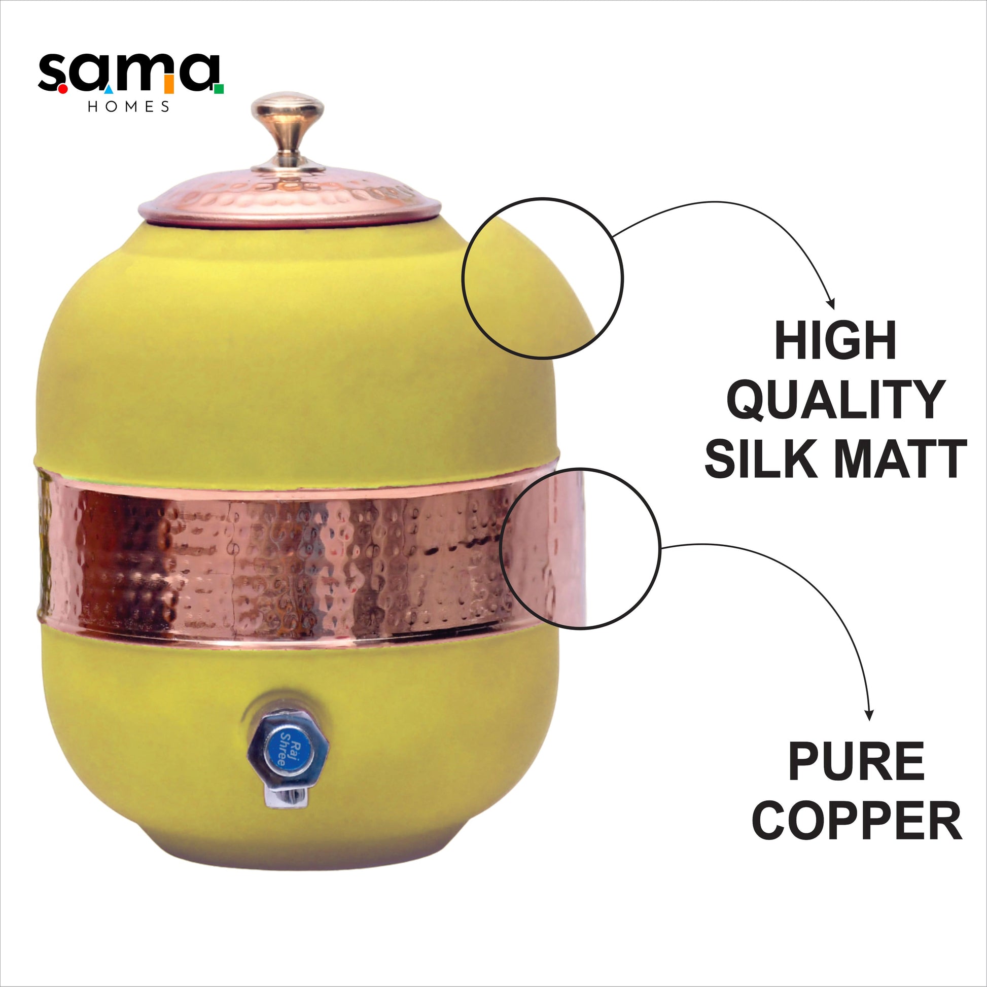 SAMA Homes - pure copper silk yellow half hammered water dispenser matka capacity 8000ml