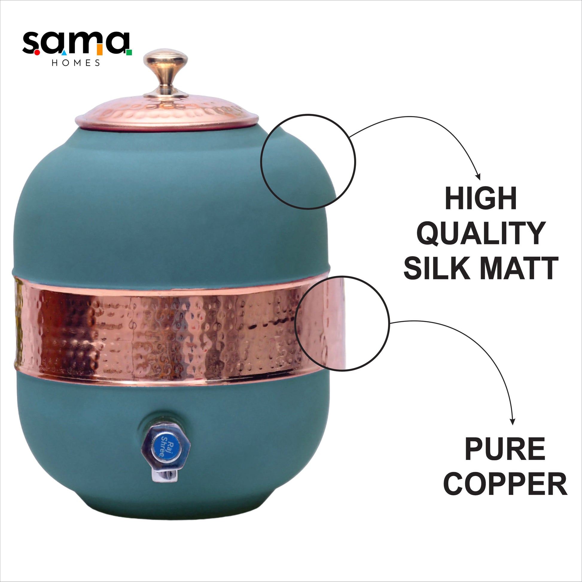 SAMA Homes - pure copper silk green half hammered water dispenser matka capacity 5000ml