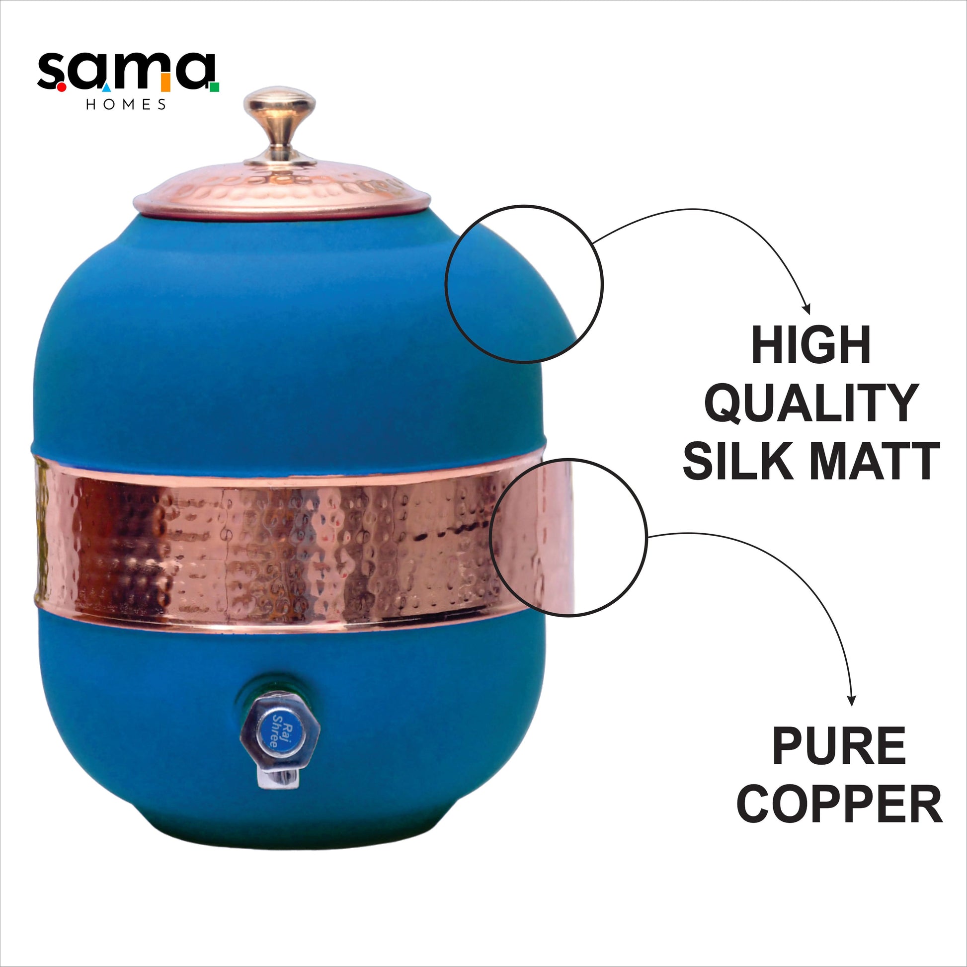 SAMA Homes - pure copper silk blue half hammered water dispenser matka capacity 5000ml