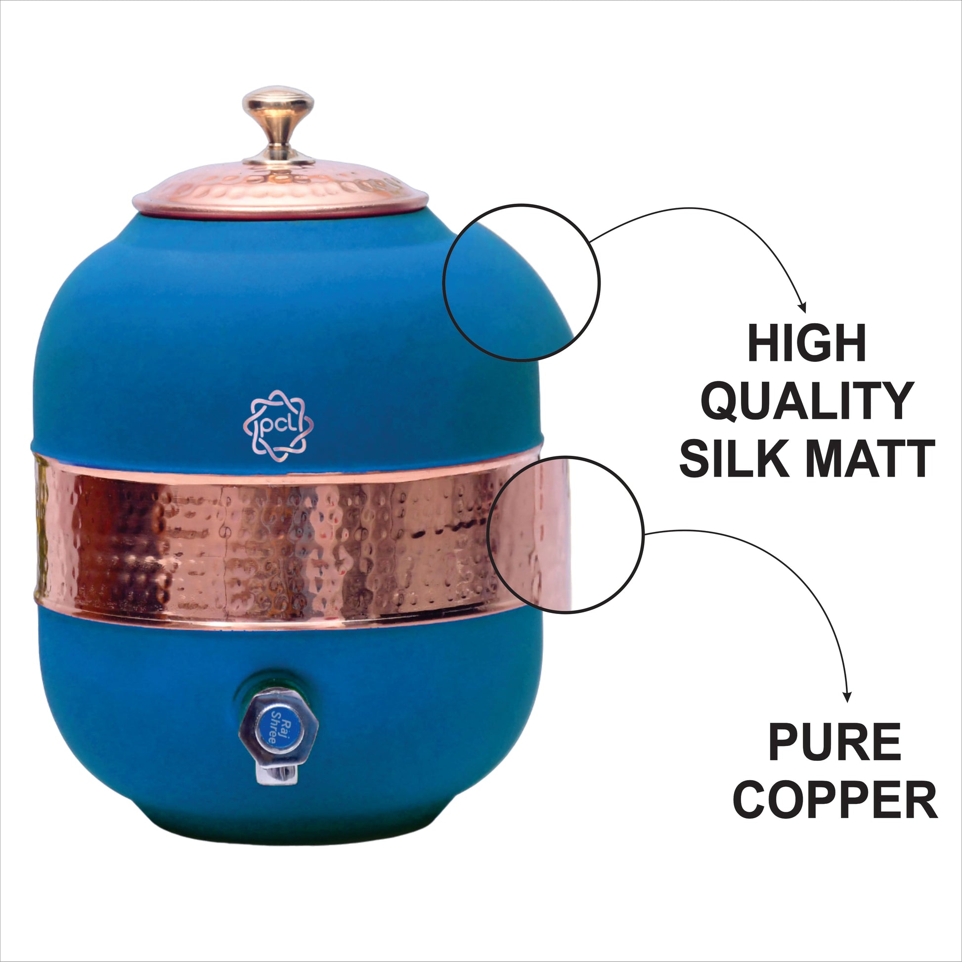 SAMA Homes - pure copper silk blue half hammered water dispenser matka capacity 8000ml