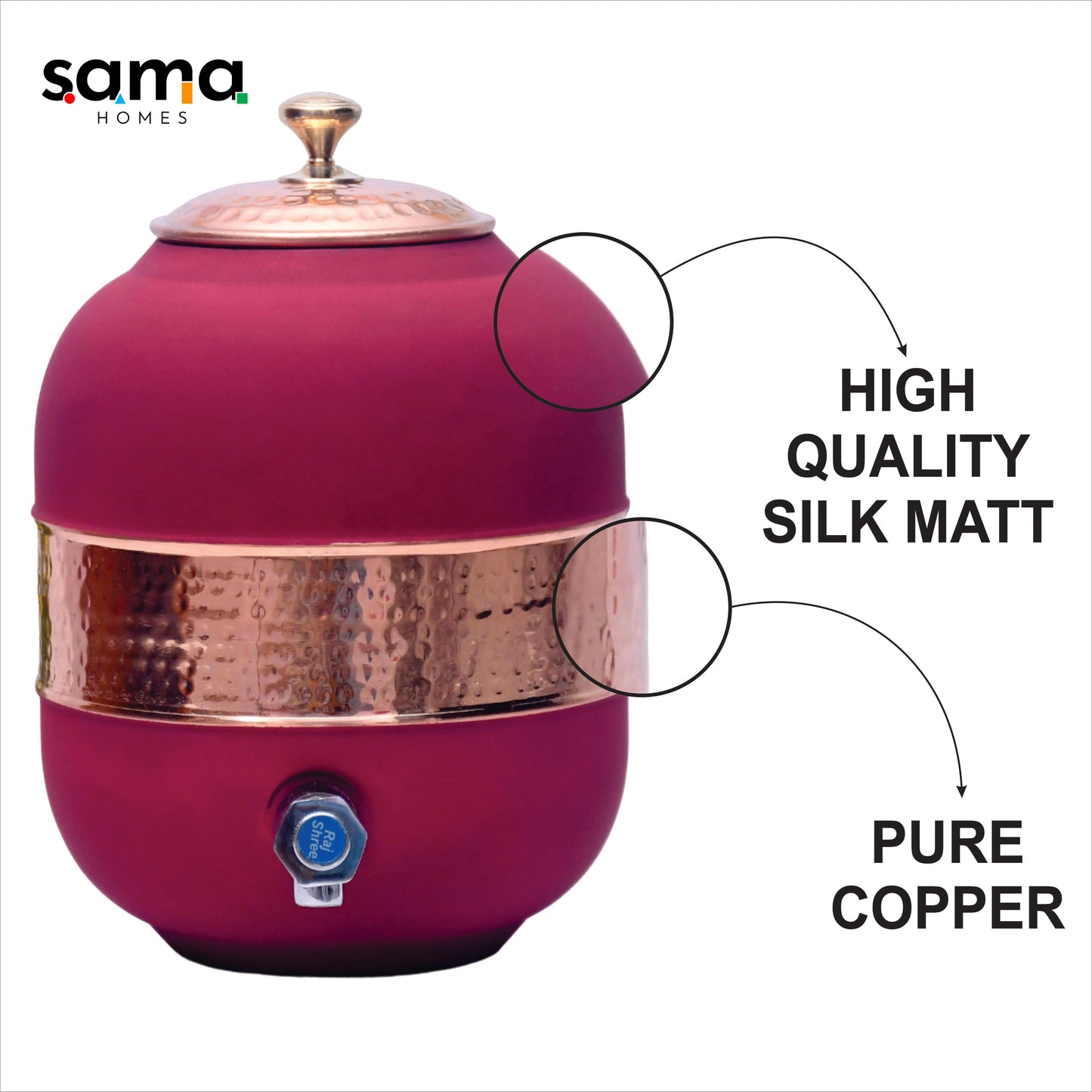 SAMA Homes - pure copper silk red cherry half hammered water dispenser matka capacity 5000ml