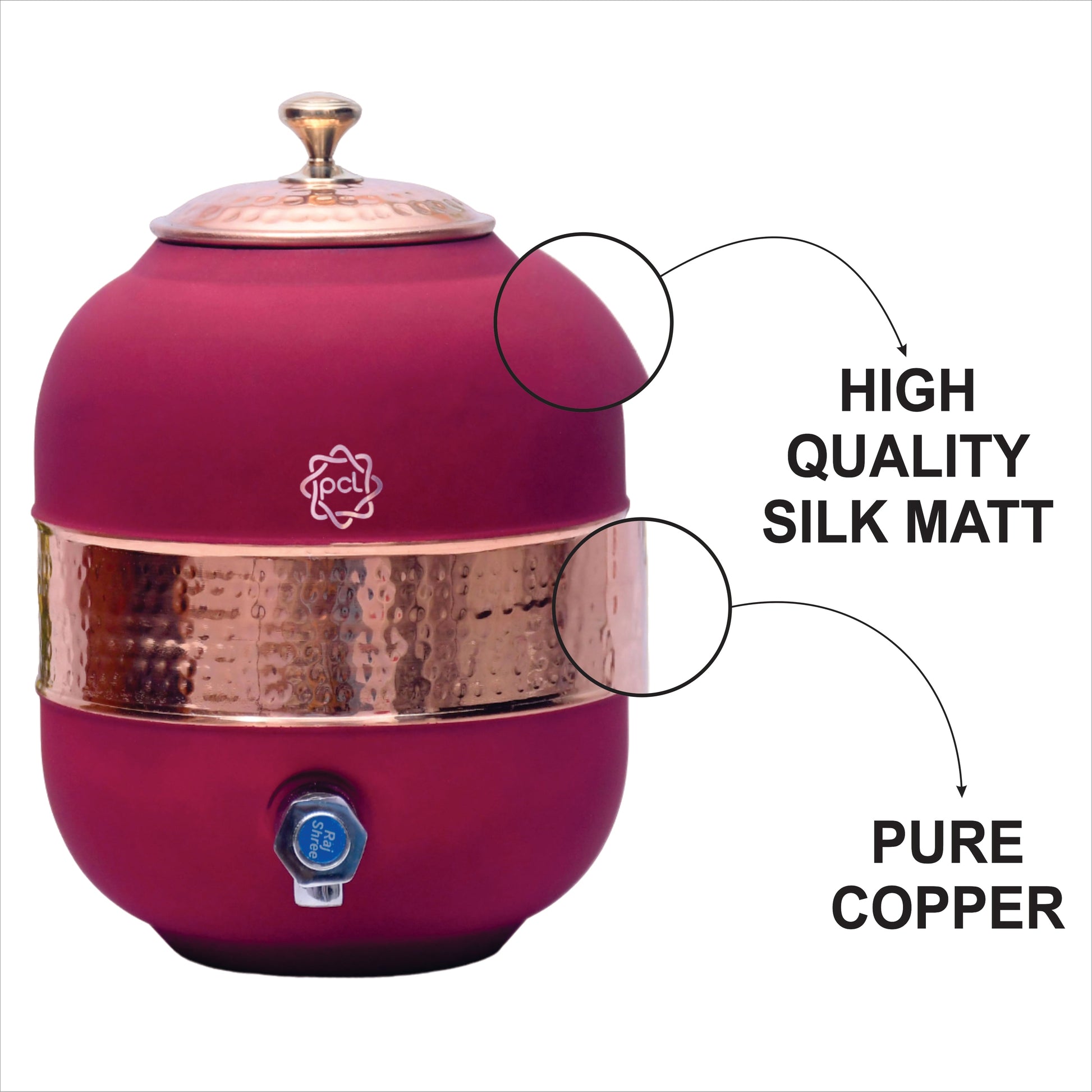 SAMA Homes - pure copper silk red cherry half hammered water dispenser matka capacity 8000ml