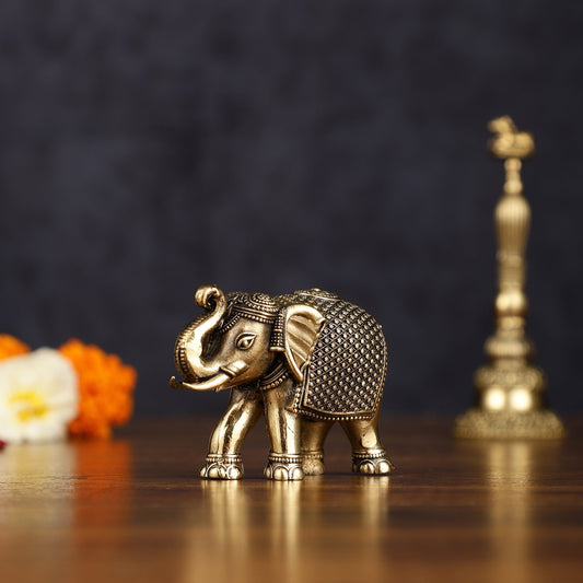 Pure Brass Intricately Carved Elephant Statue Miniature - 2 Inch