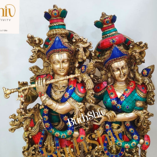 Sama Homes-radha krishna brass idols on same base 28 inches height with double layered meenakari stonework