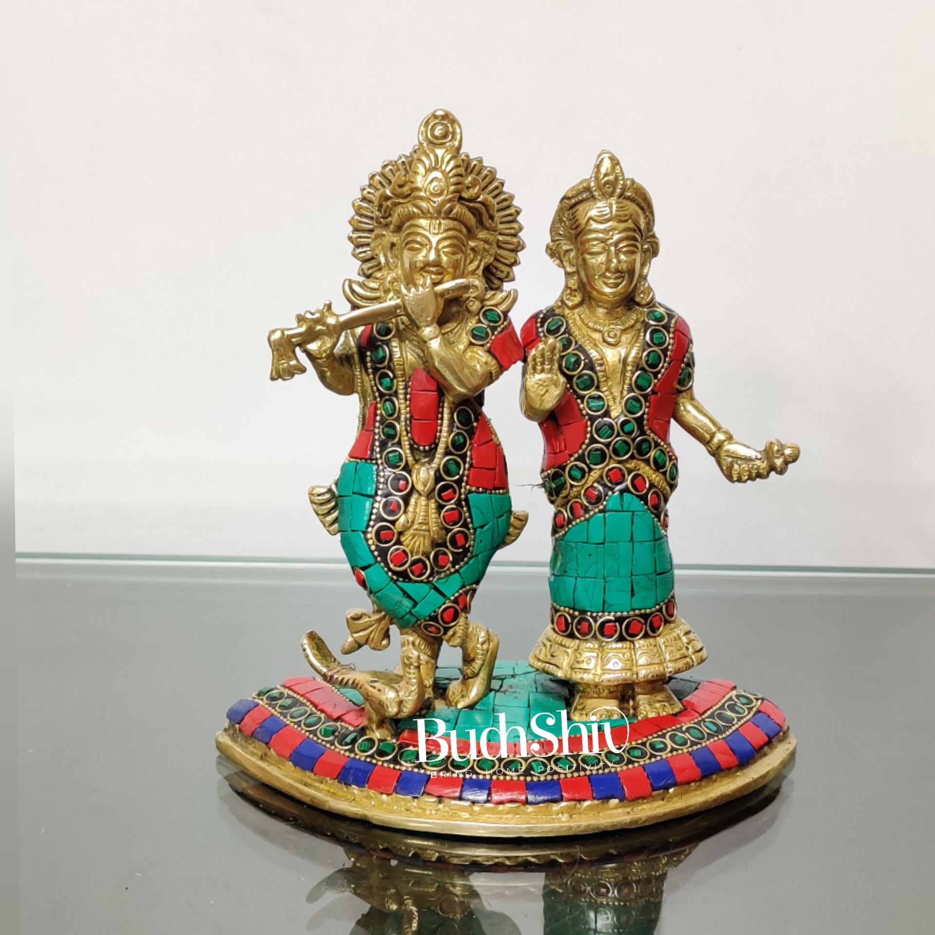 Sama Homes-radha with krishna playing the flute with a peacock 7 inches with stonework