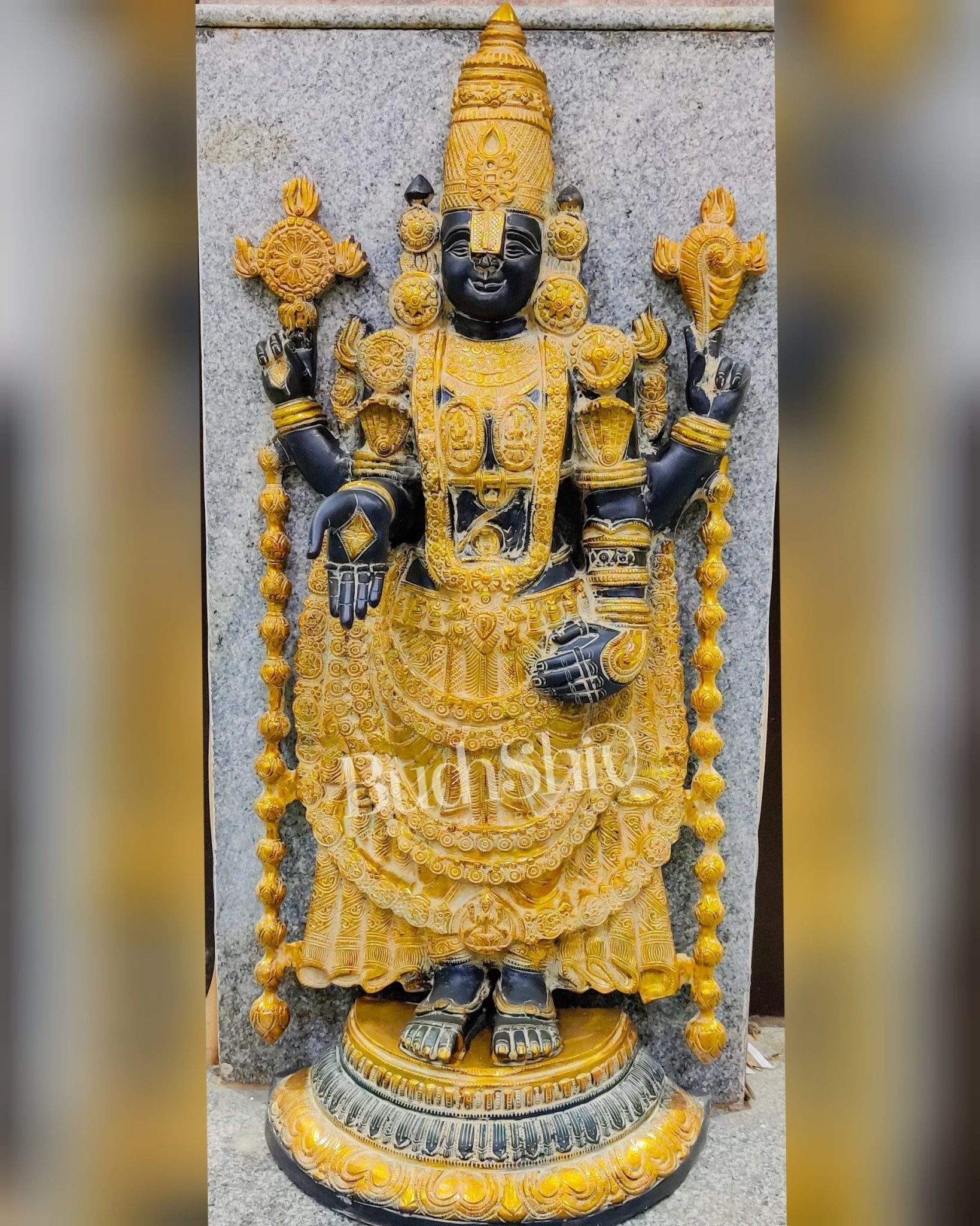 Sama Homes-tirupati balaji venkateshwar brass statue idol 40 inches black stone and turmeric yellow finish