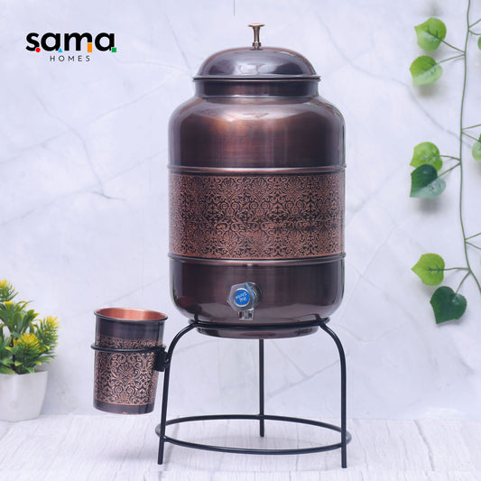 SAMA Homes - pure copper water dispenser with glass and stand antique engraved designed combo capacity 8000 ml