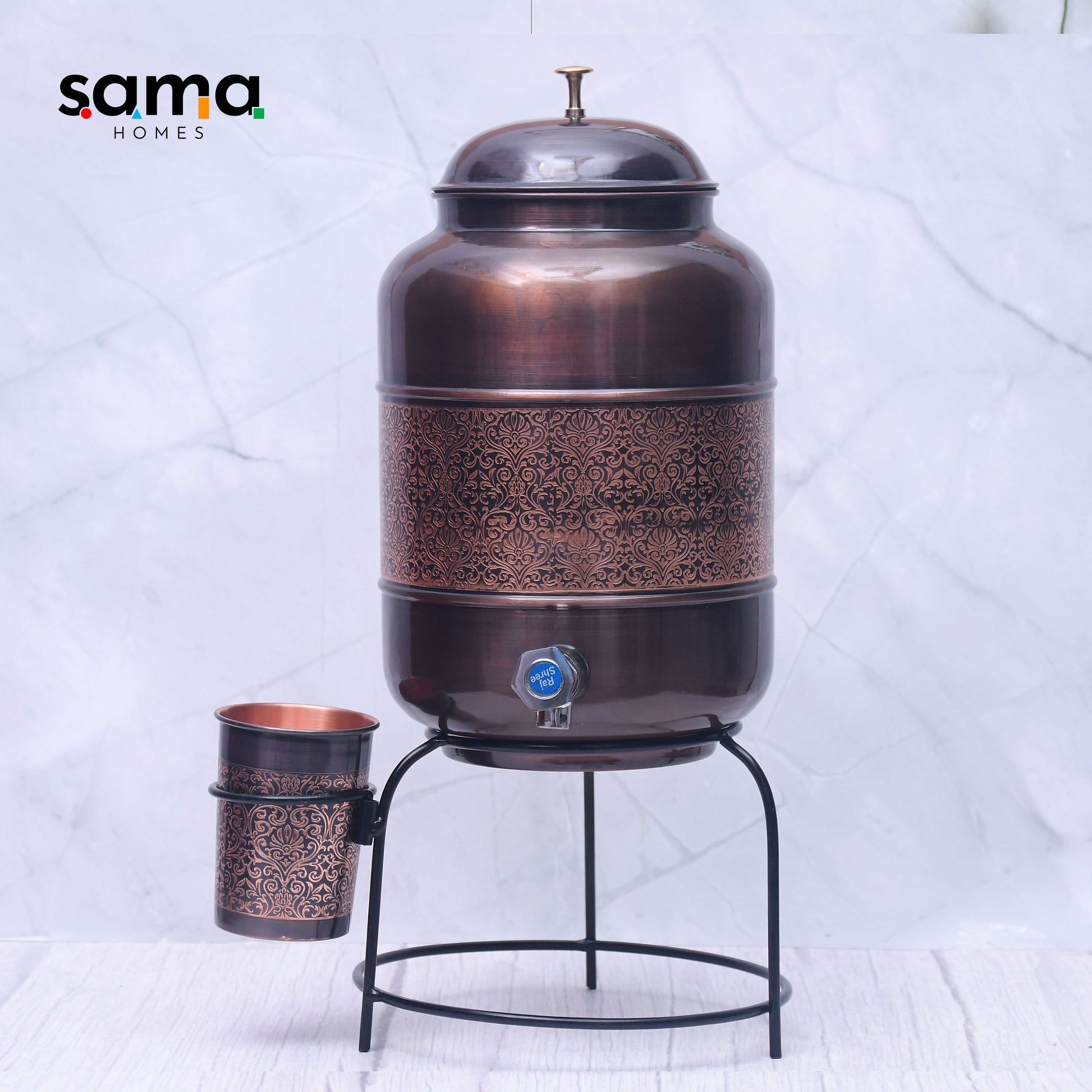 SAMA Homes - pure copper water dispenser with glass and stand antique engraved designed combo capacity 5000 ml