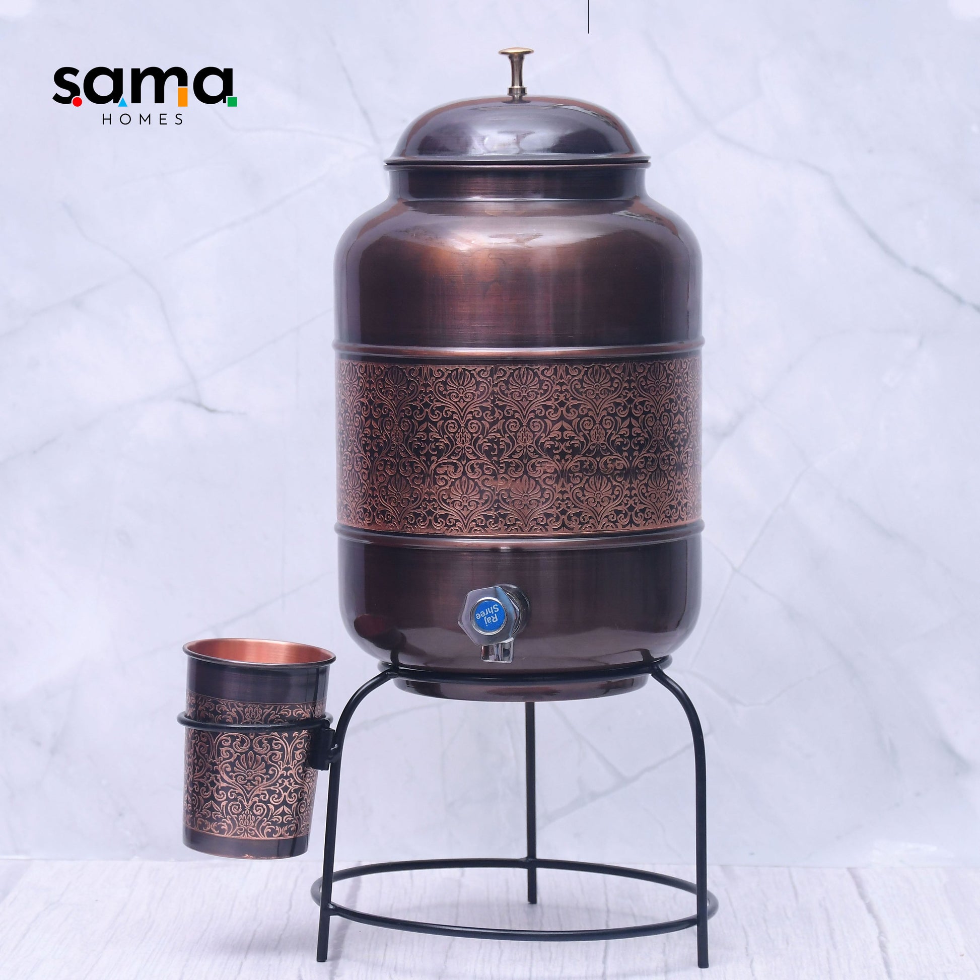 SAMA Homes - pure copper water dispenser with glass and stand antique engraved designed combo capacity 8000 ml