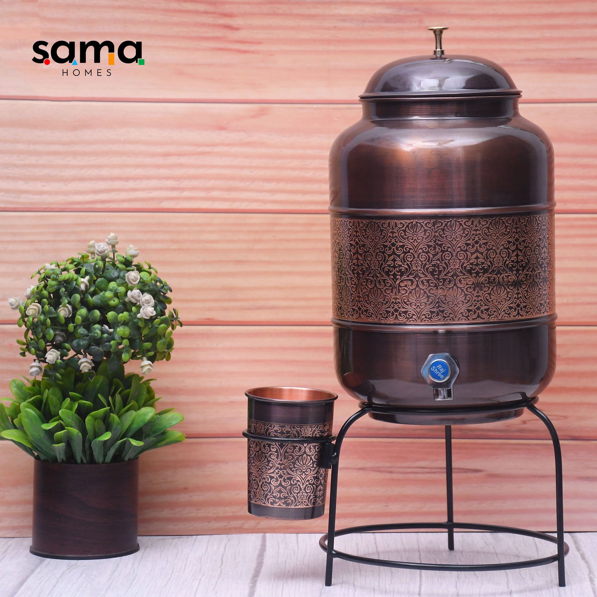 SAMA Homes - pure copper water dispenser with glass and stand antique engraved designed combo capacity 8000 ml