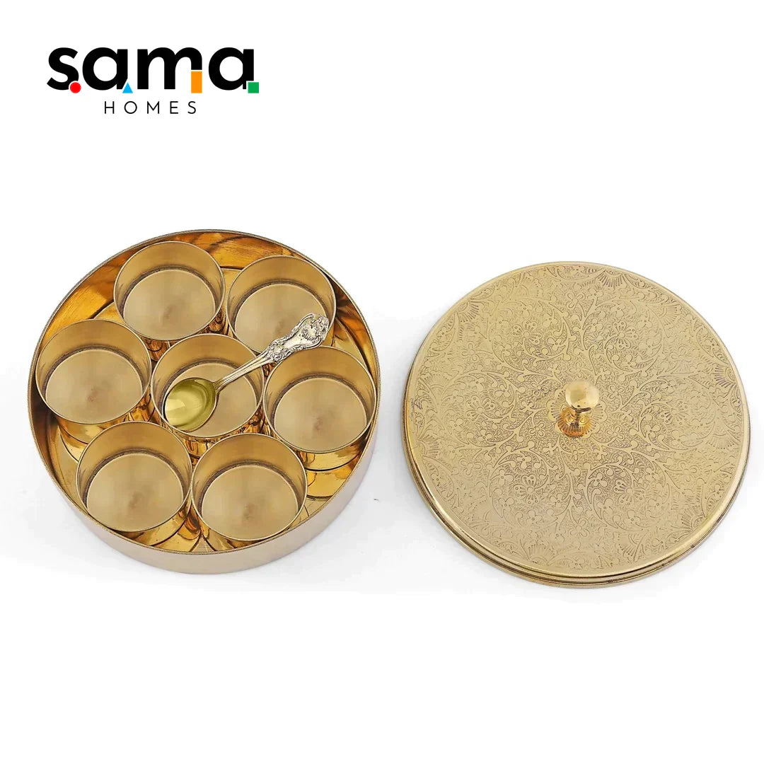SAMA Homes - handcrafted brass masala box set for kitchen with spoon 7 containers 40 ml 8