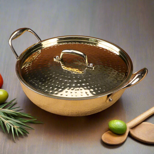 Pure Brass Kadhai Set With Tin Coating Inside | Cooking Ware kadhai Set With Lid- 2.5 Ltr