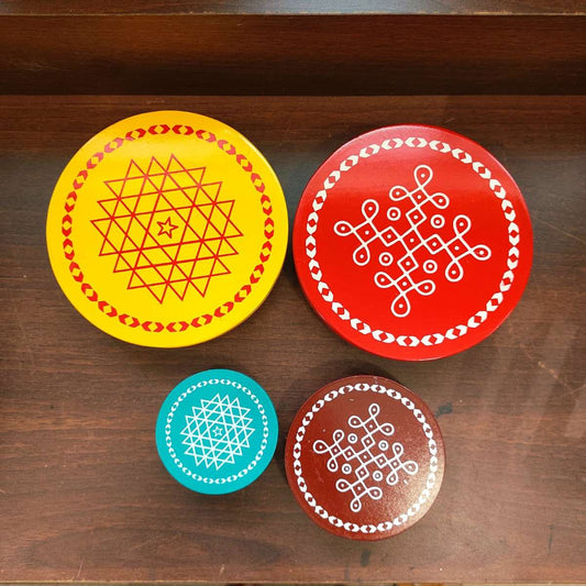 Wooden Pooja Chowki Manai – Round | Set of 4 Handcrafted Manai Palagai Peedam