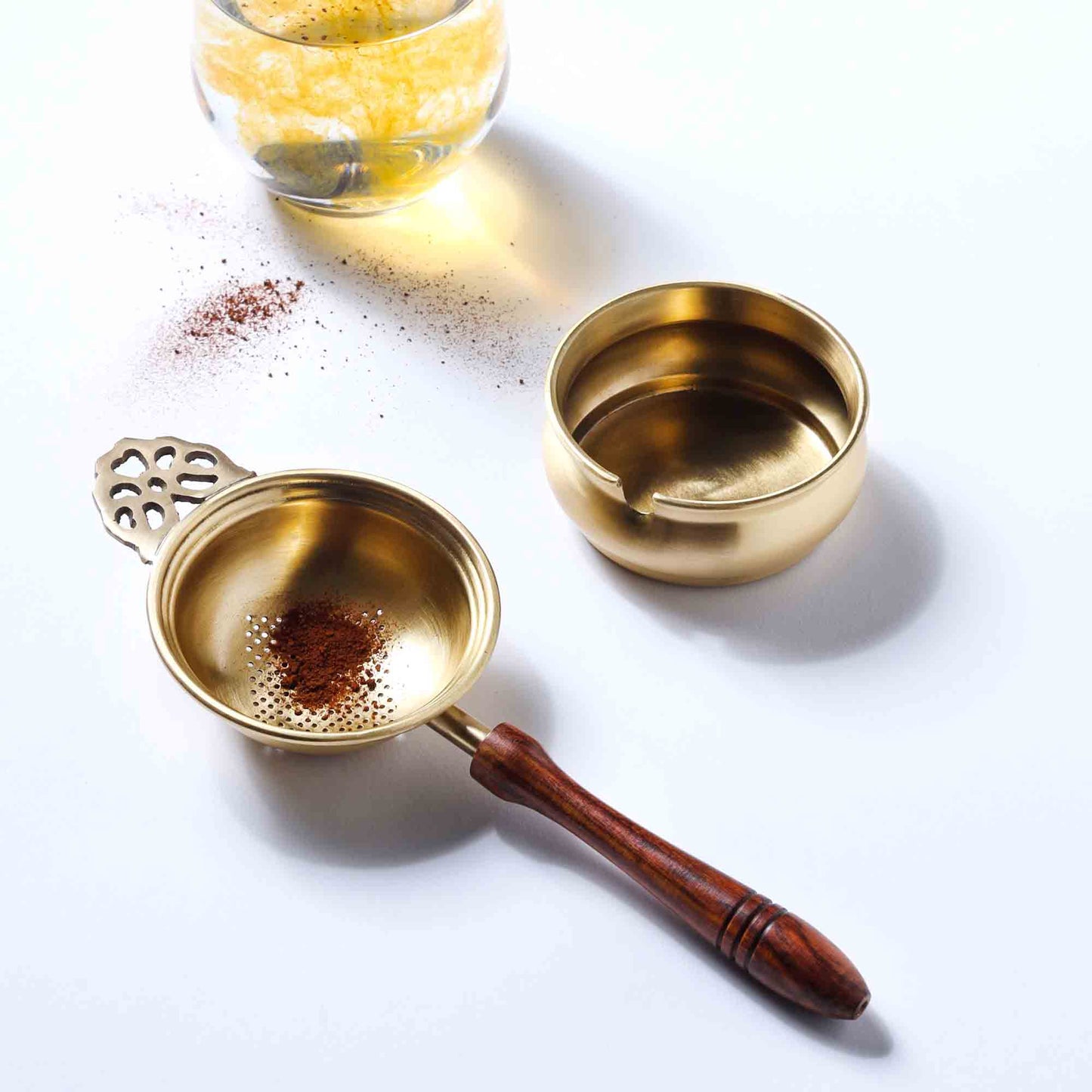 Handmade Brass Leaf Tea Strainer with Bowl – 1.5 Inch | Traditional Indian Tea Filter with Wooden Handle