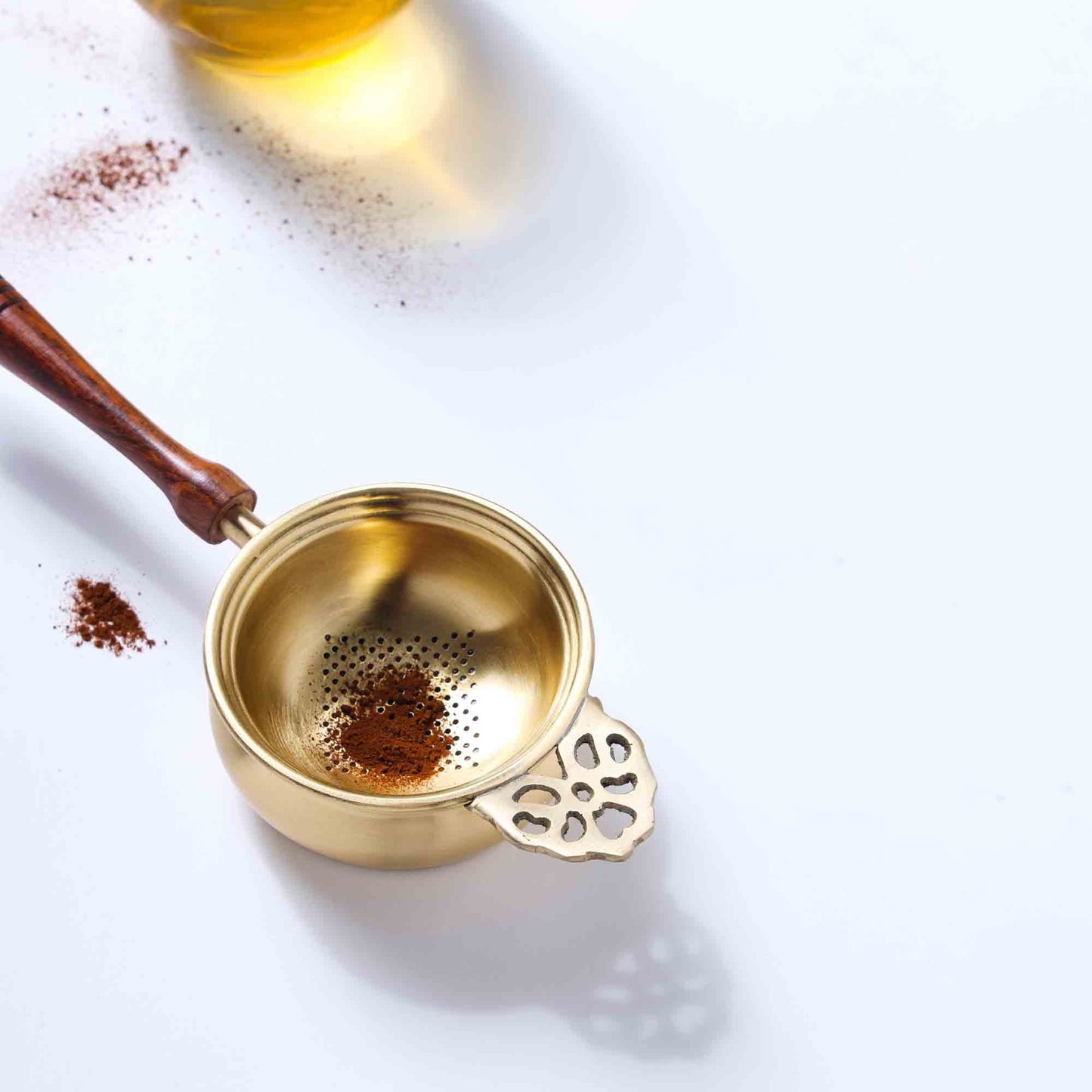 Handmade Brass Leaf Tea Strainer with Bowl – 1.5 Inch | Traditional Indian Tea Filter with Wooden Handle