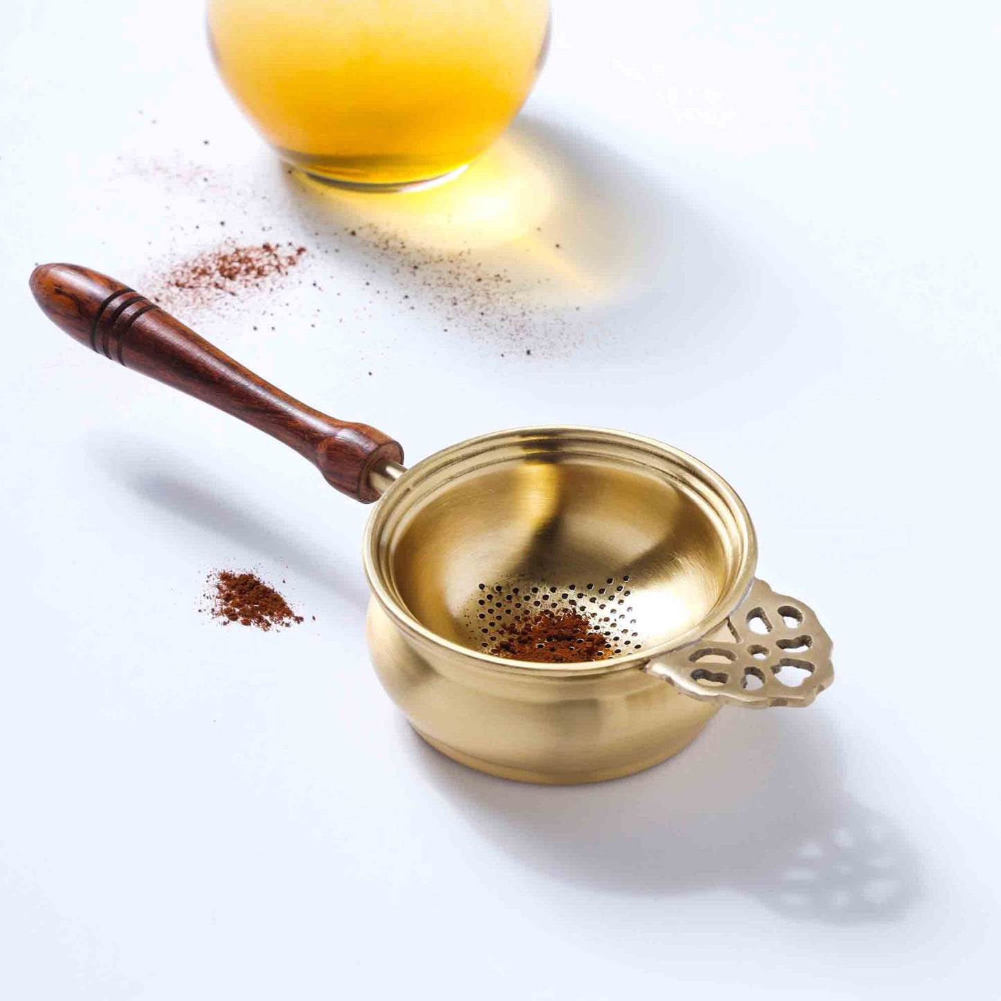 Handmade Brass Leaf Tea Strainer with Bowl – 1.5 Inch | Traditional Indian Tea Filter with Wooden Handle