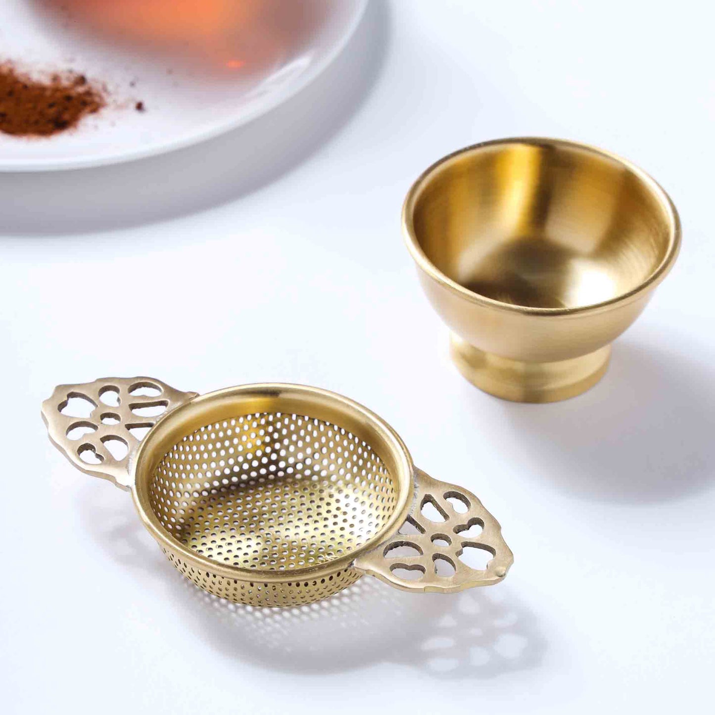 Handmade Brass Double Leaf Tea Strainer with Bowl – 1.5 Inch | Traditional Kitchen Tool