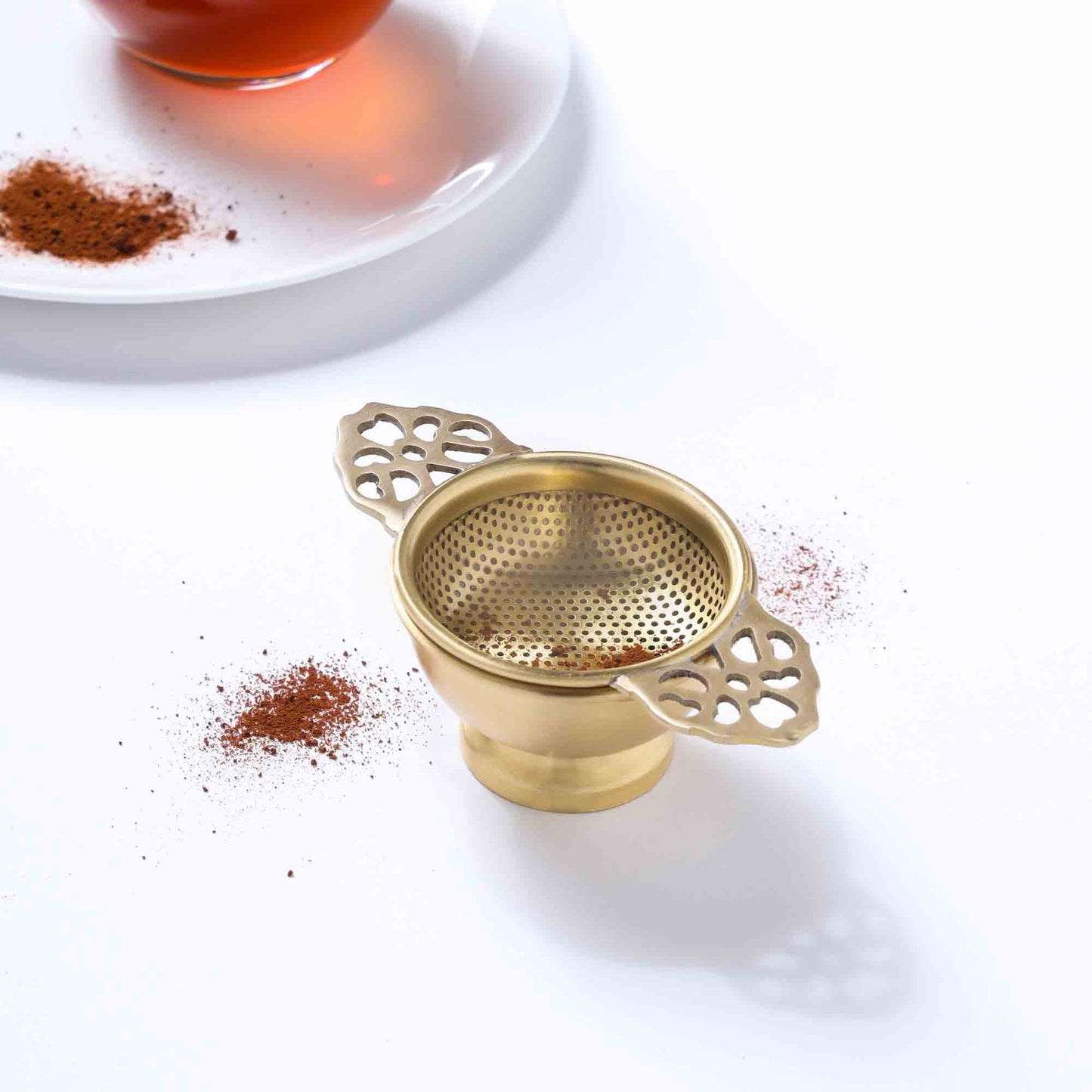 Handmade Brass Double Leaf Tea Strainer with Bowl – 1.5 Inch | Traditional Kitchen Tool