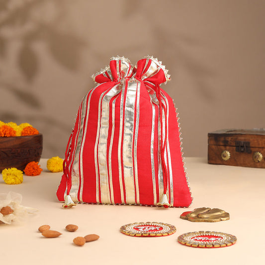 Brass Charan Paduka, Diya & Chowki Gift Festive Potli/Hamper