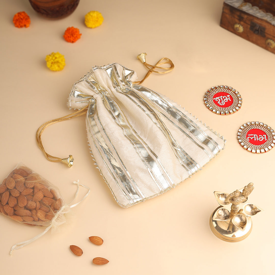 Brass Charan Paduka, Diya & Chowki Gift Festive Potli/Hamper