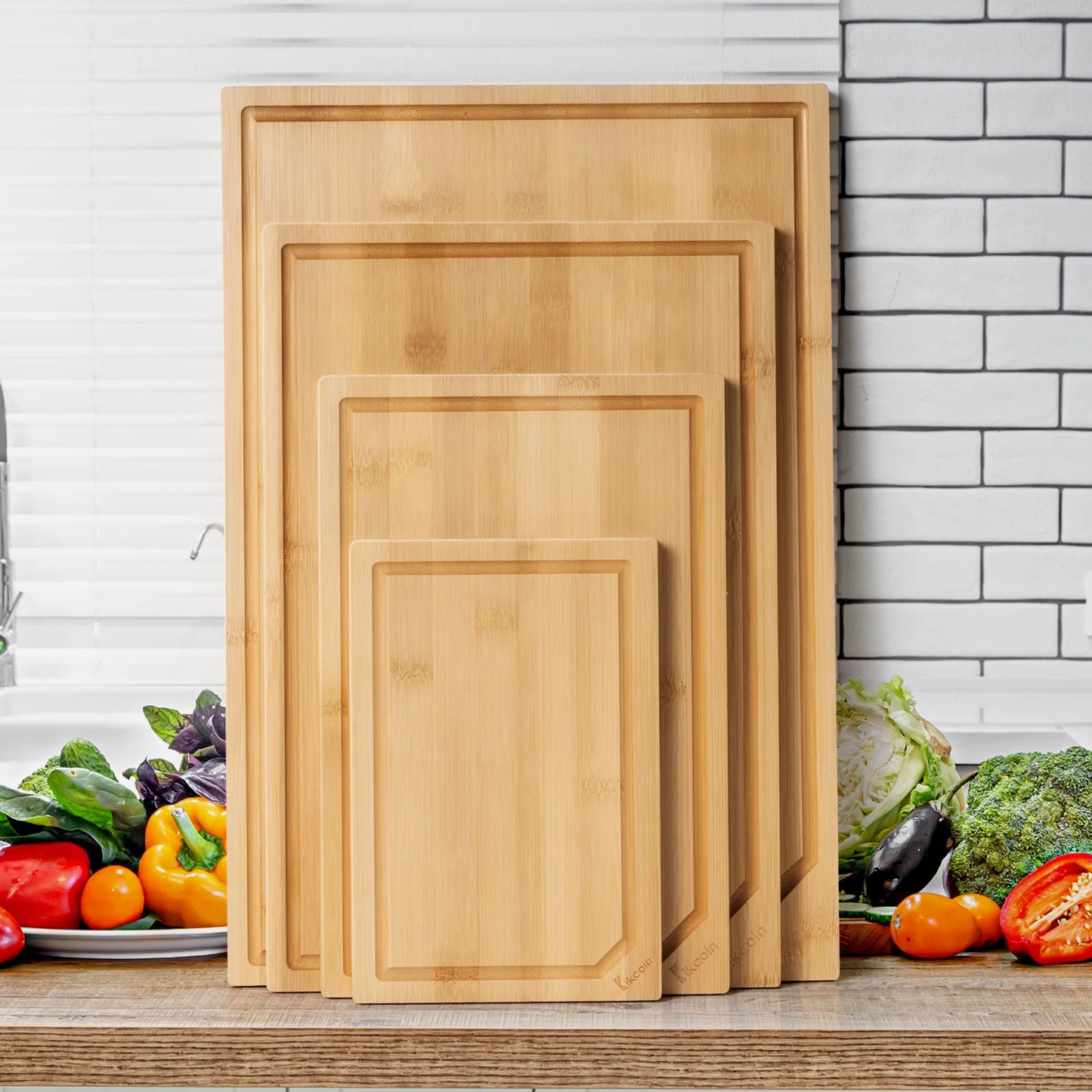 4-piece extra large kitchen bamboo cutting board set, heavy duty cutting board with juice groove, inner handle design.