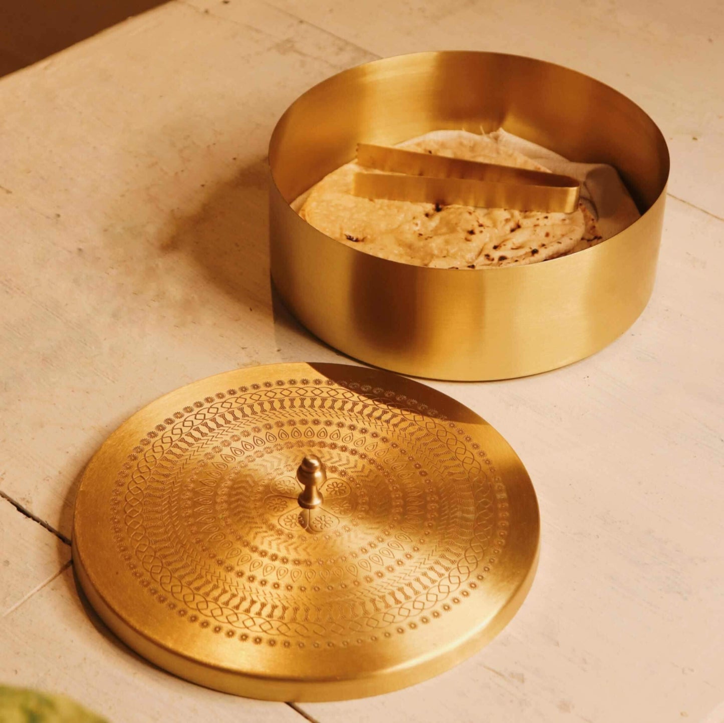 Brass Roti Chapati Box Mandala Art design with Tong