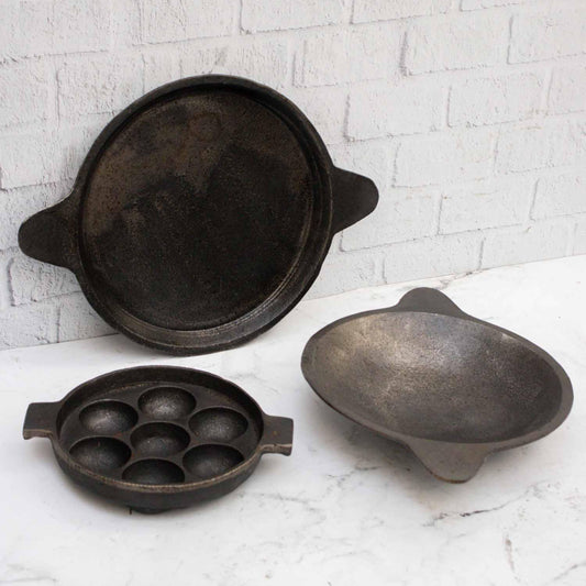 Cast Iron Combo: Kuzhipaniyaram pan, Appachatti, Raised Edge Pan