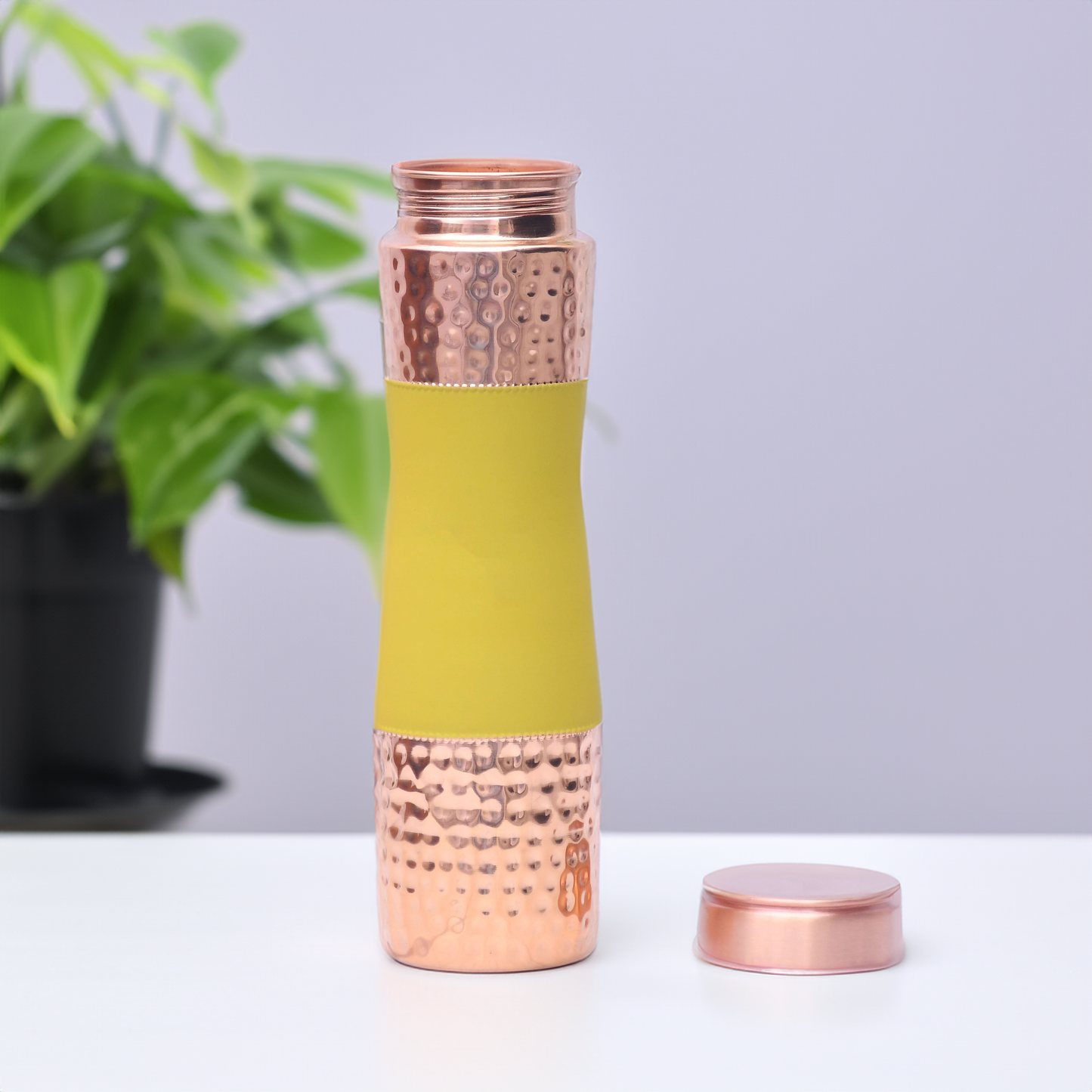 Pure Copper Water Bottle Silk Finish Half Hammered Design 1 Liter - Red | Yellow | Blue | Green | Black Multiple Colours