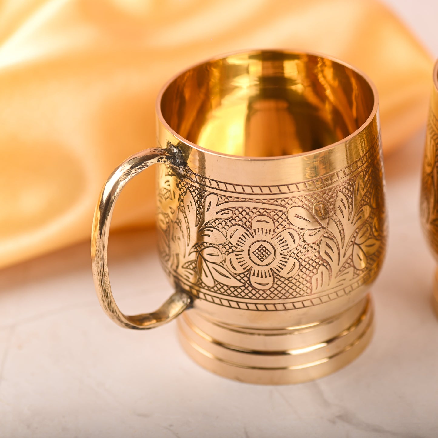 Handcrafted Brass Cup Pair with Handle – Premium Indian Brass Drinkware (3.2 Inch)