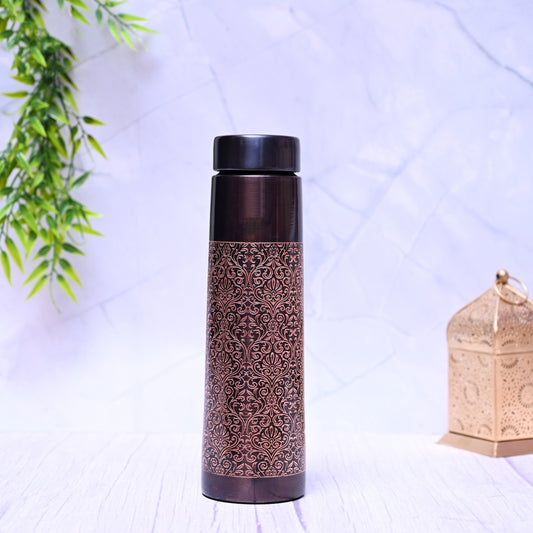 Pure Copper Taper Antique Engraved Water Bottle with Leak Proof Capacity 1000 ML.
