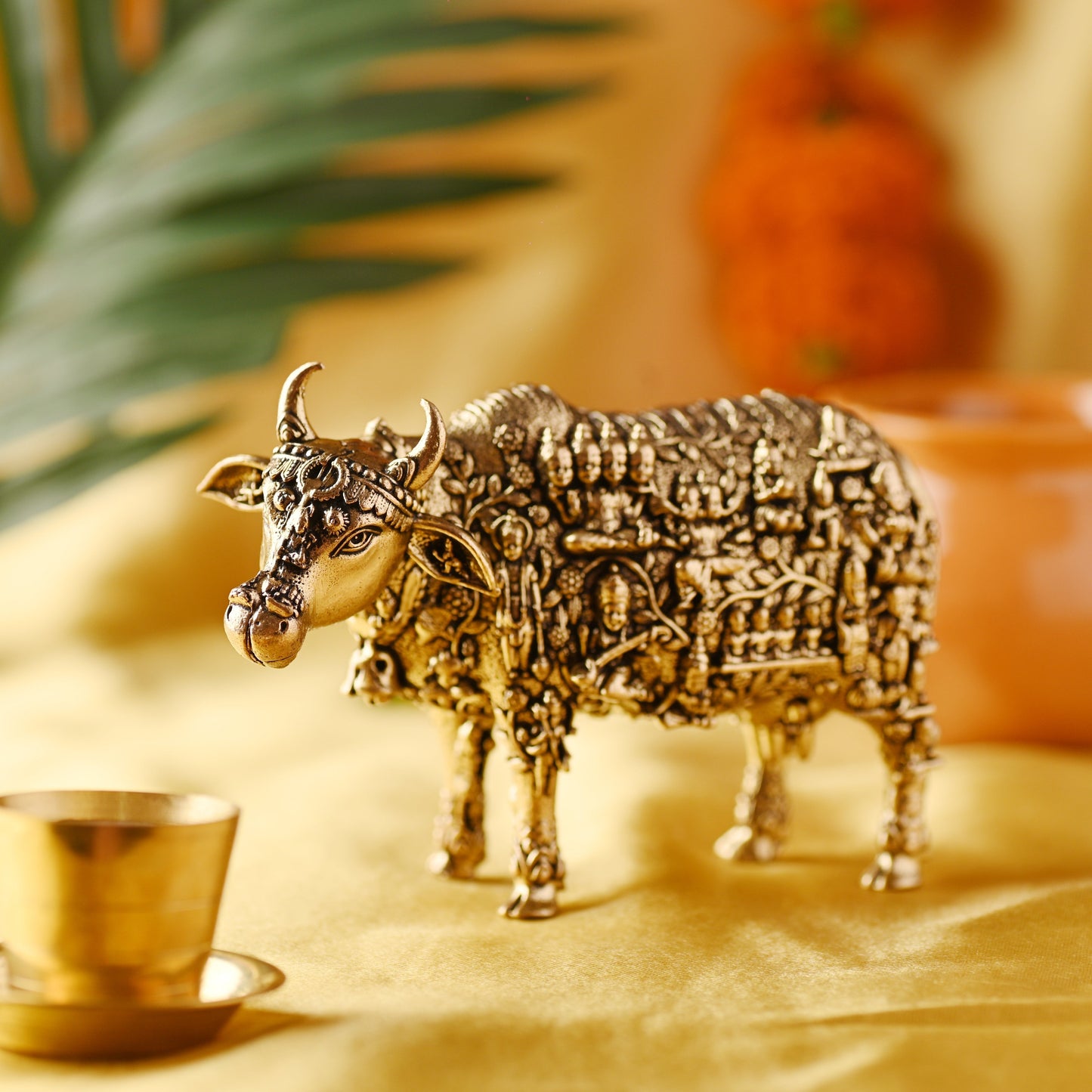 Brass Cow with Engraved Gods and Goddesses – Handcrafted Decor (3 Inch)