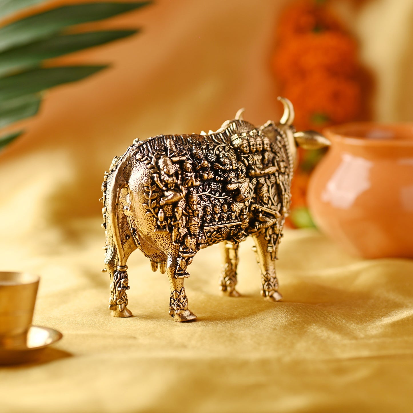 Brass Cow with Engraved Gods and Goddesses – Handcrafted Decor (3 Inch)