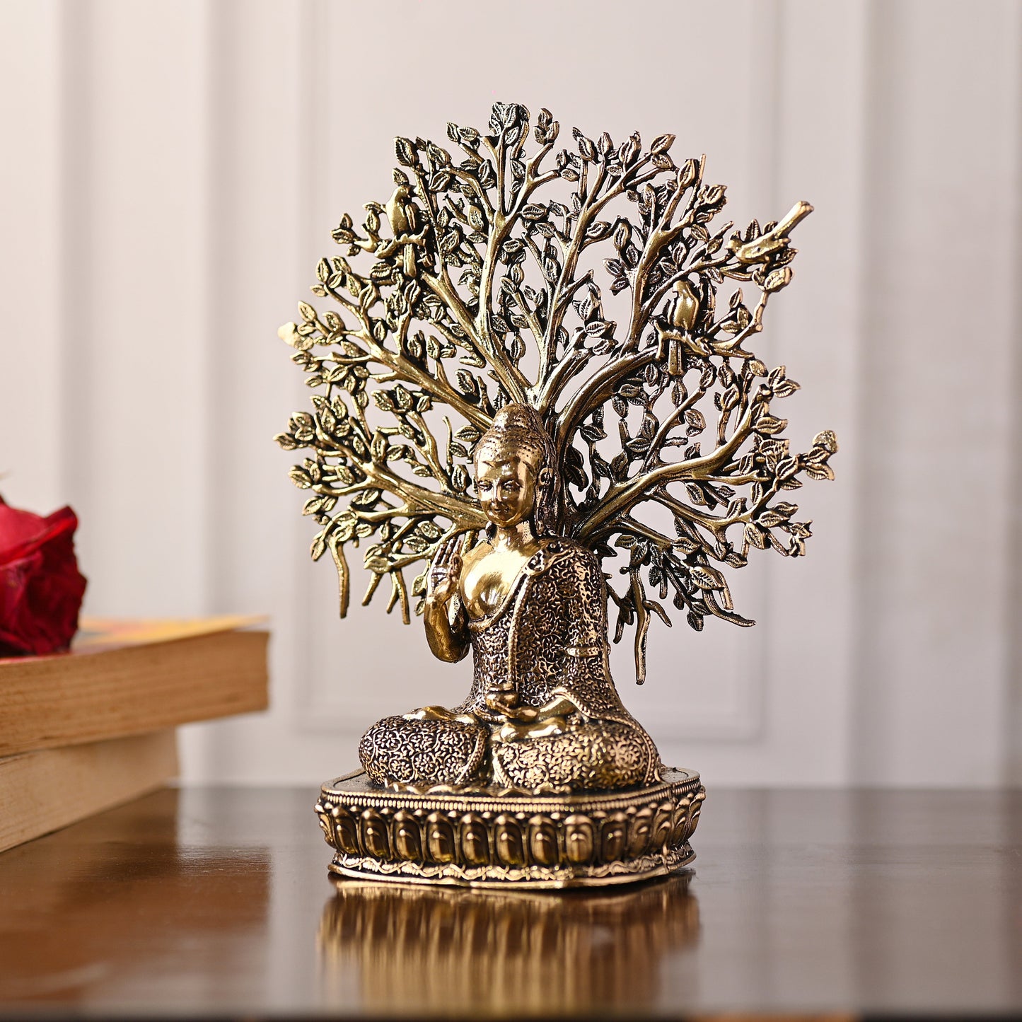 Brass Buddha Statue with Tree – Handmade Spiritual Brassware (6.3 Inch)