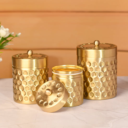 Brass Diamond Hammered Storage Jars with Lids – Set of 3 Premium Containers