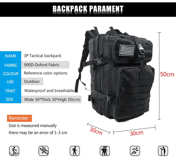 Large Capacity Waterproof Tactical Backpack for Men, 3P Softback, Outdoor Bug Rucksack, Hiking, Camping, Hunting Bags, 50L