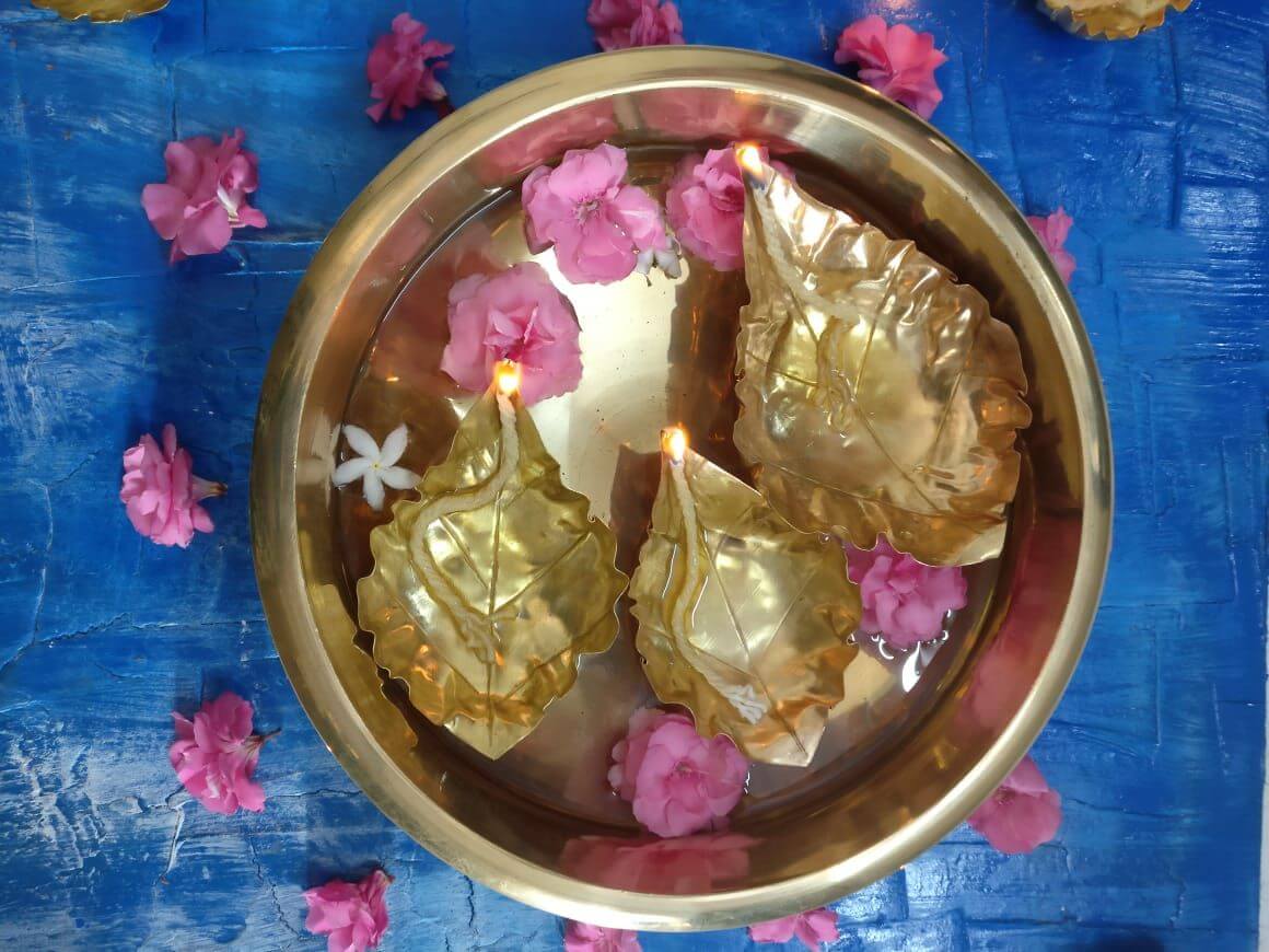 Hand Crafted  Brass Floating Peepal Leaf shaped Diyas (Pair of Diyas)
