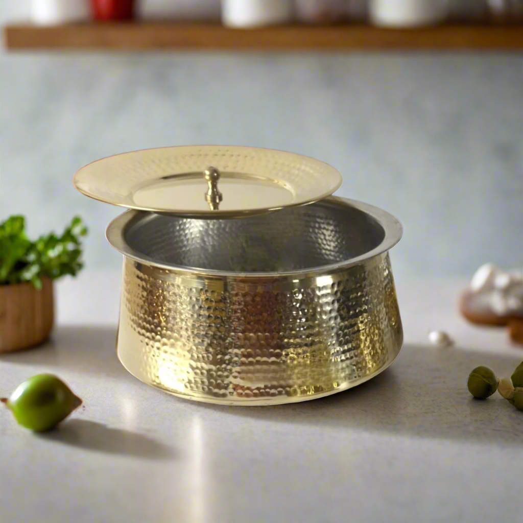 Small Heavy Brass Biryani Handi with Lid – 2L Traditional Cooking & Serving Pot | Tin-Coated | Handcrafted Cookware