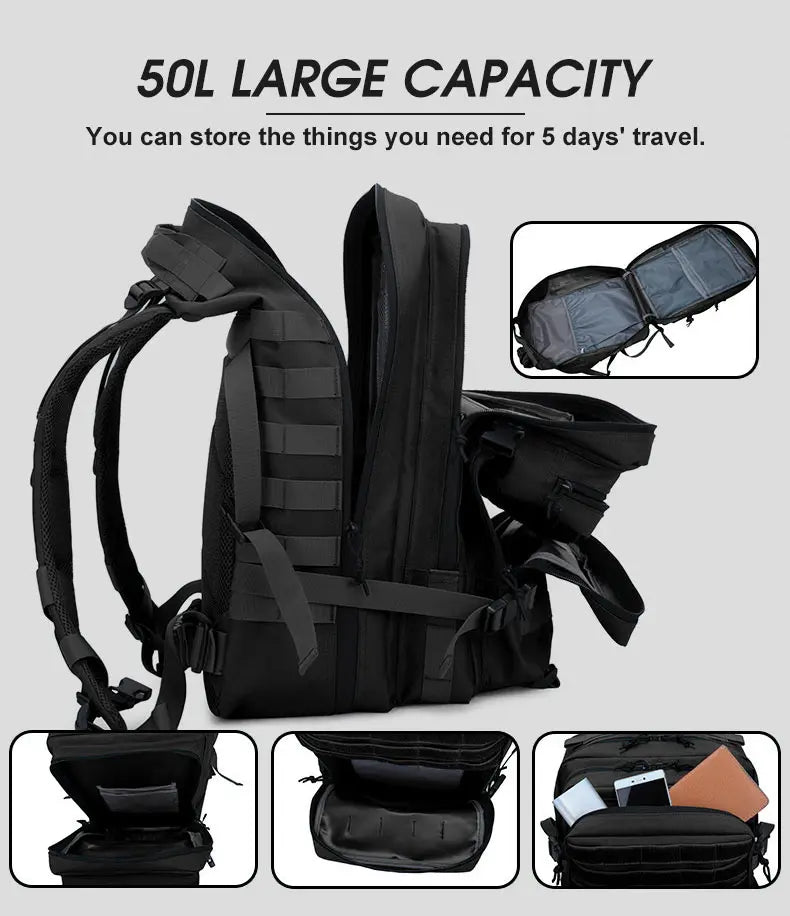 Large Capacity Waterproof Tactical Backpack for Men, 3P Softback, Outdoor Bug Rucksack, Hiking, Camping, Hunting Bags, 50L