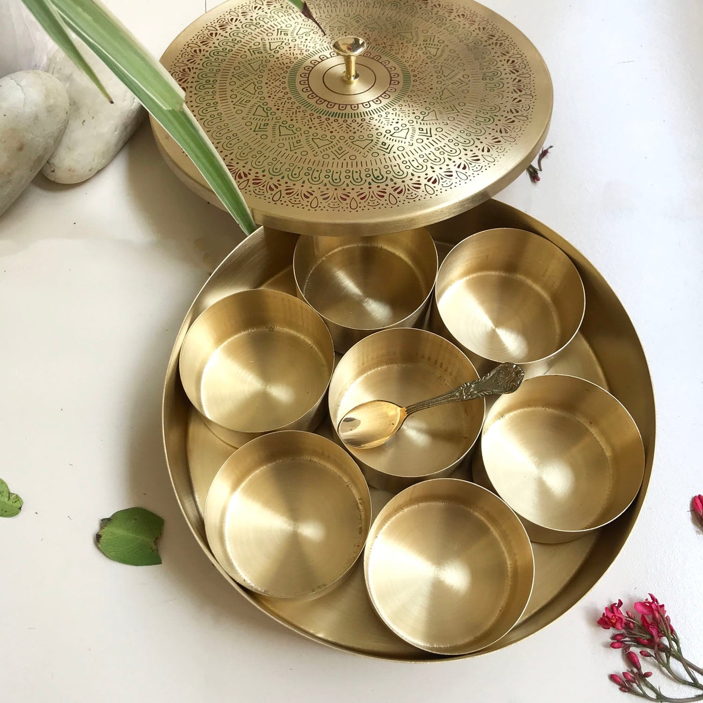 Brass Spice Box with 7 compartmeent & Spoon 
