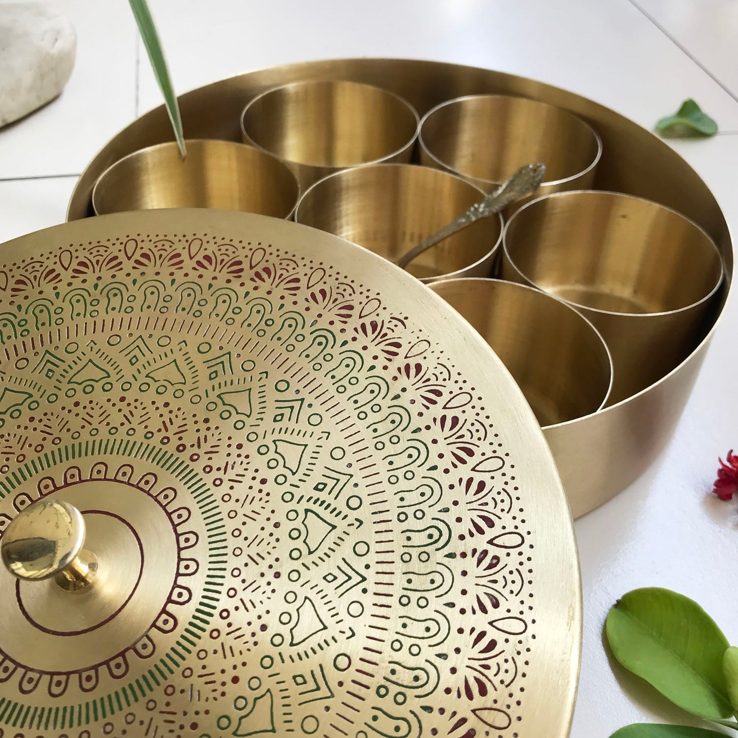Brass Mandla Design Spice Box with sp