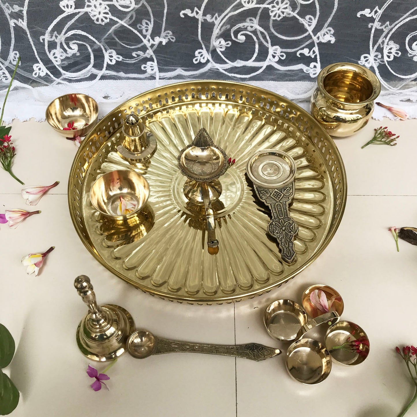 Brass Pooja Thali Flower Design 