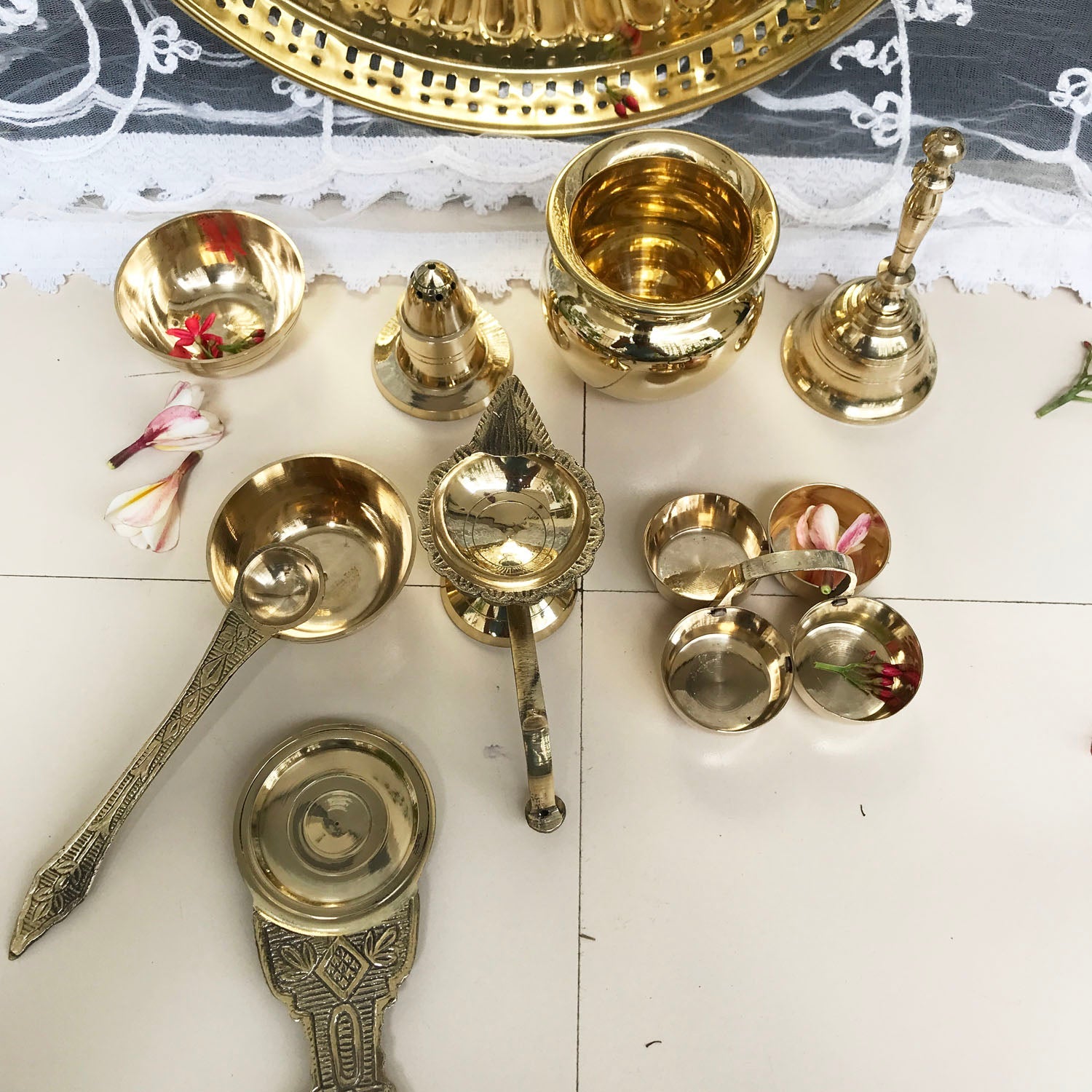 Brass Thali with Bell , Diya, and small Katori 