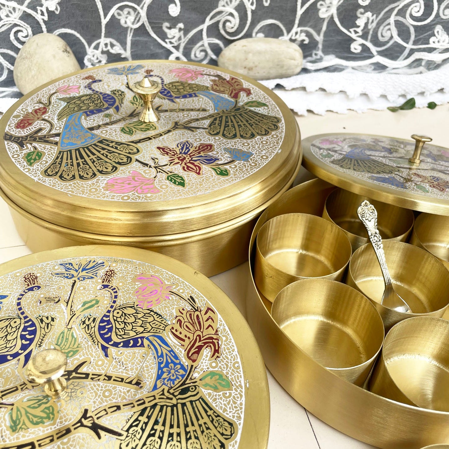 Handcrafted Brass Spice Box | Elegant Etched Peacock Design | 7 & 9 Inch Sizes | 7 Compartments & 1 Spoon